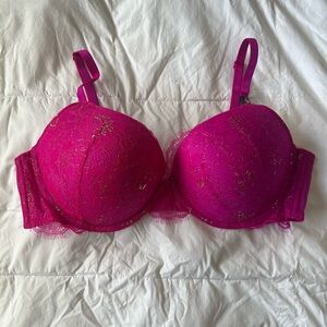 Victorias Secret Fuschia Lace Push-Up Bra with Gold Accents